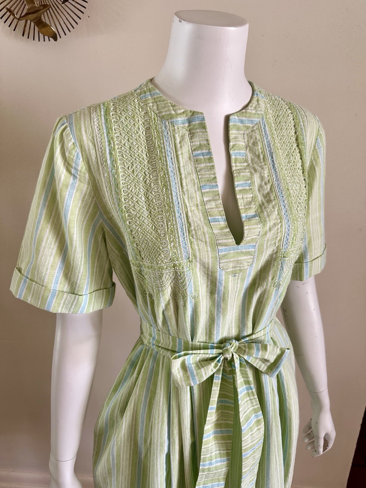 1970s Treacy Lowe London Indian Cotton Embroidered Maxi Dress Green Blue VTG