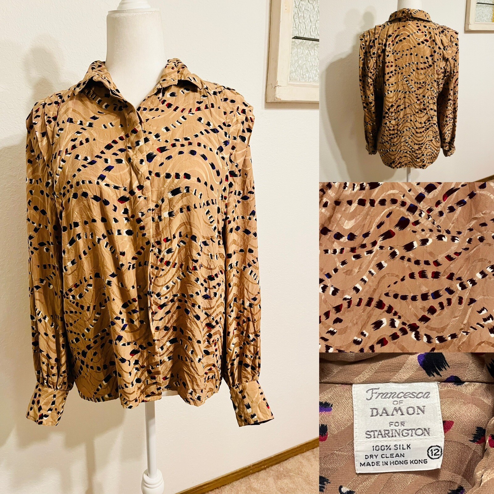 Vtg 80’s Francesca of Damon Starington Silk Button Up LS Top Wm 12 Tan Multi