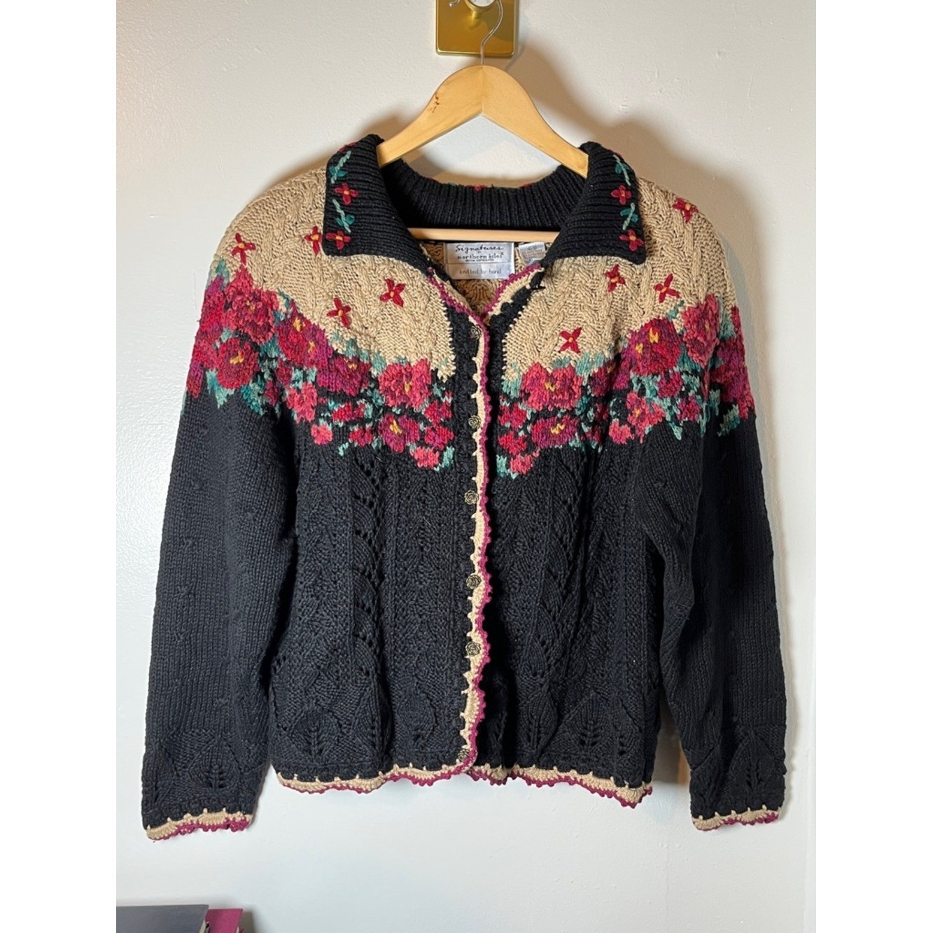 Signatures Northern Isles Floral Embroidered Rose Button Vintage Sweater Sz XL