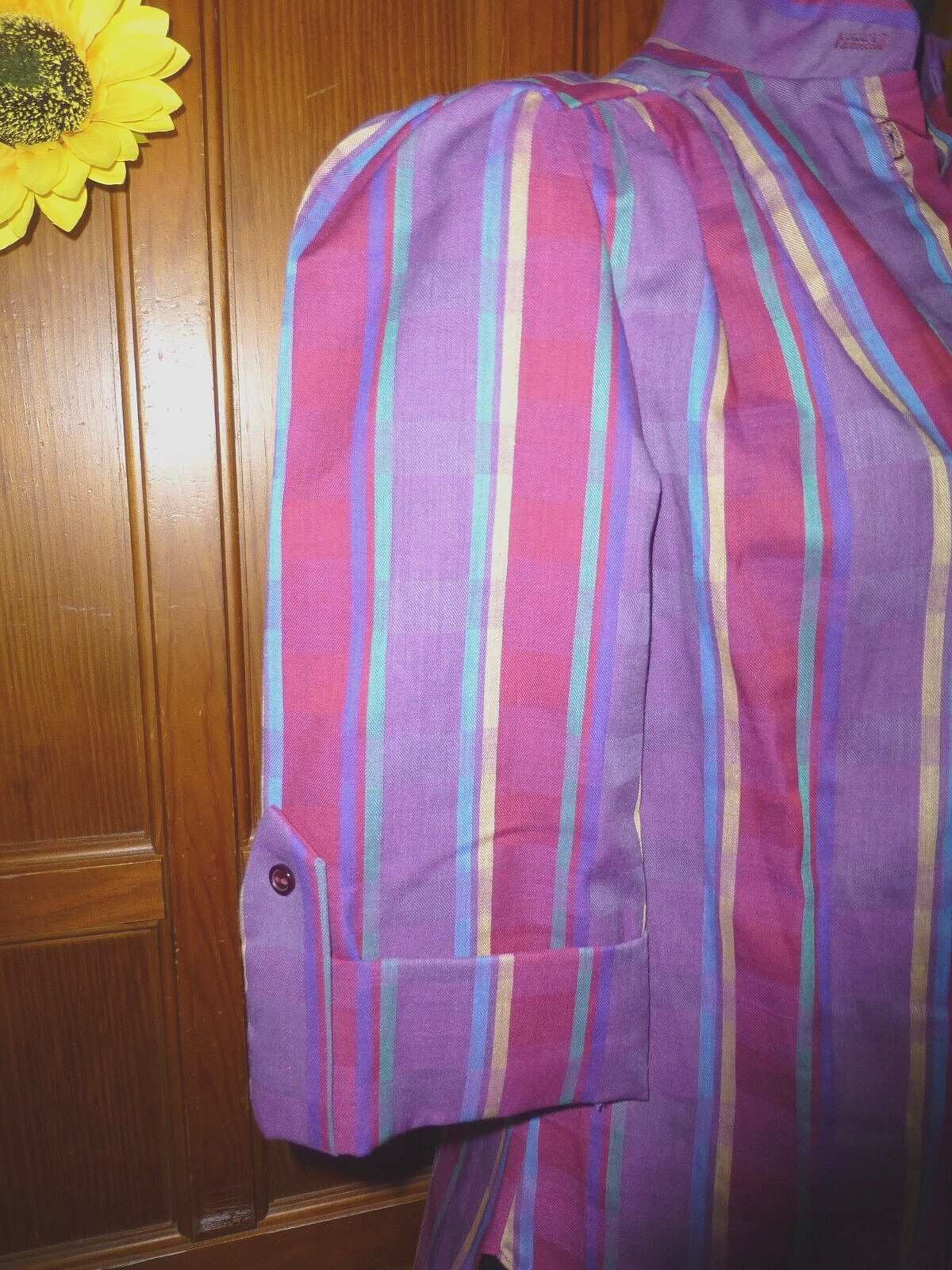 New Tag Vtg 80s Berry Blue Geo stripe Secretary Boho Tunic Top Blouse NOS M