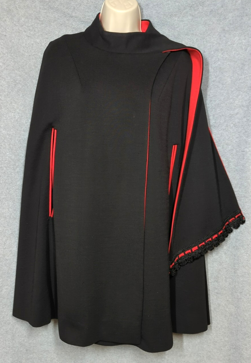 Vtg Alfred Werber Cape S Black Wool Red Attached Scarf High Fashion 1960’s Chic