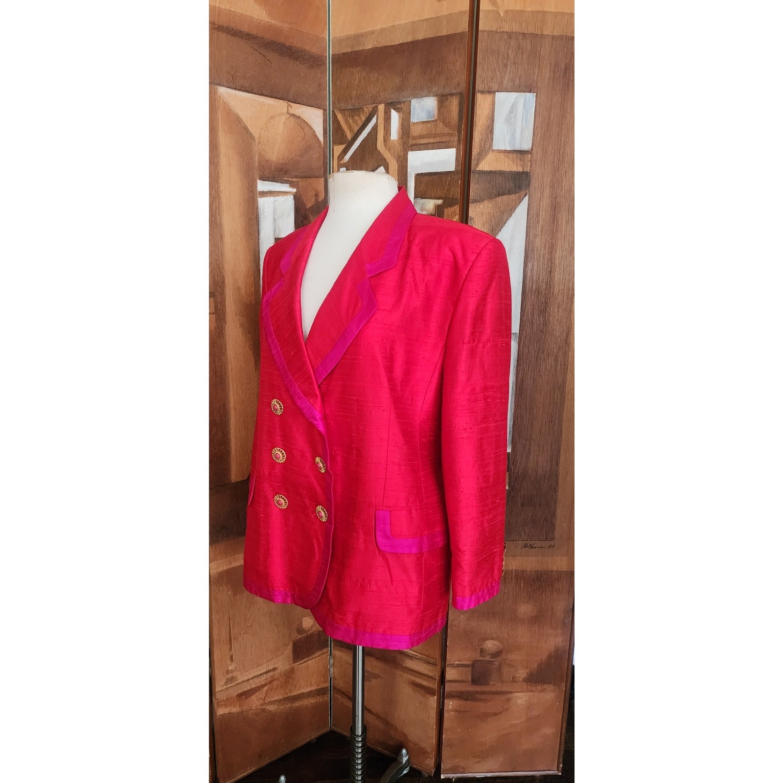 Vintage 1990s Mondi Blazer Silk Colorblock Double Breasted Red Pink Jacket