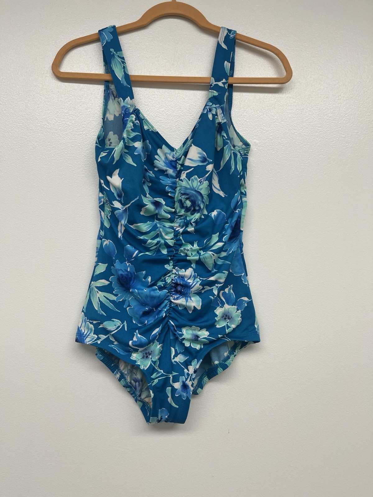 Vintage Gabar Floral Blue Nylon Blend One Piece Bathing Suit Swimsuit Size 12