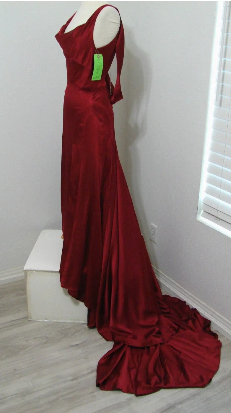 Vintage Cherry Red Bias Cut Low Back Crystal Ruched Formal Gown Huge Train