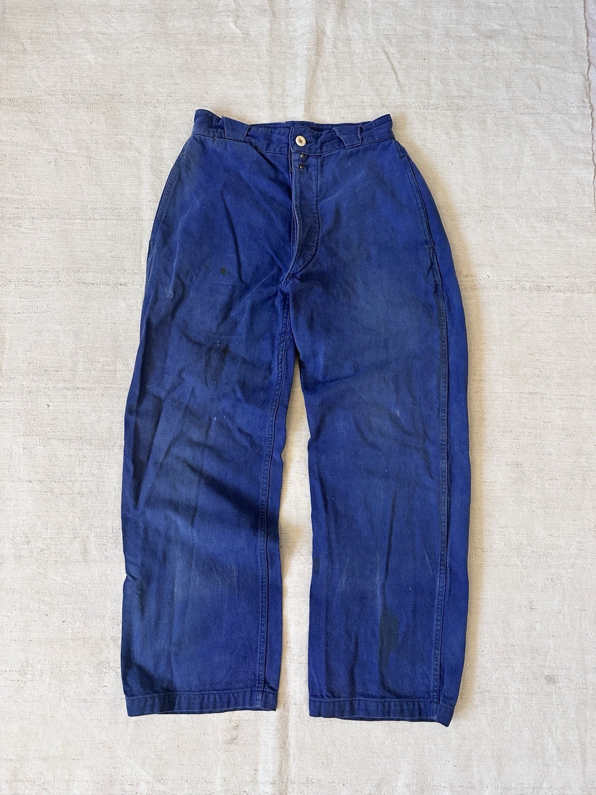 1950s Vintage French Workwear Indigo Blue Pants Patina Wear Fade 26×26