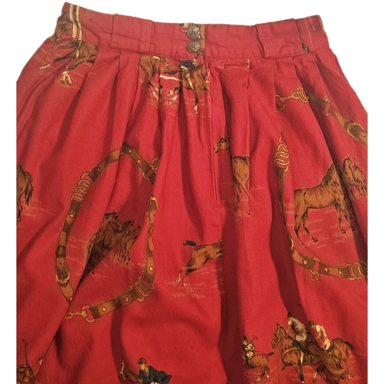Vintage 80s 90s Ralph Lauren Western Pleated Skirt 100% Cotton Equestrian Scene