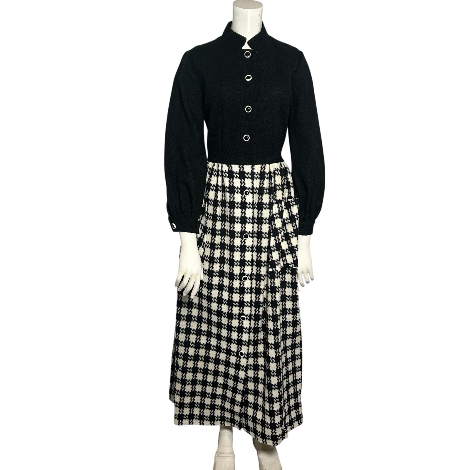 Vintage 70s Lounge Craft Black Houndstooth Midi Dress Button Front Long Sleeve S