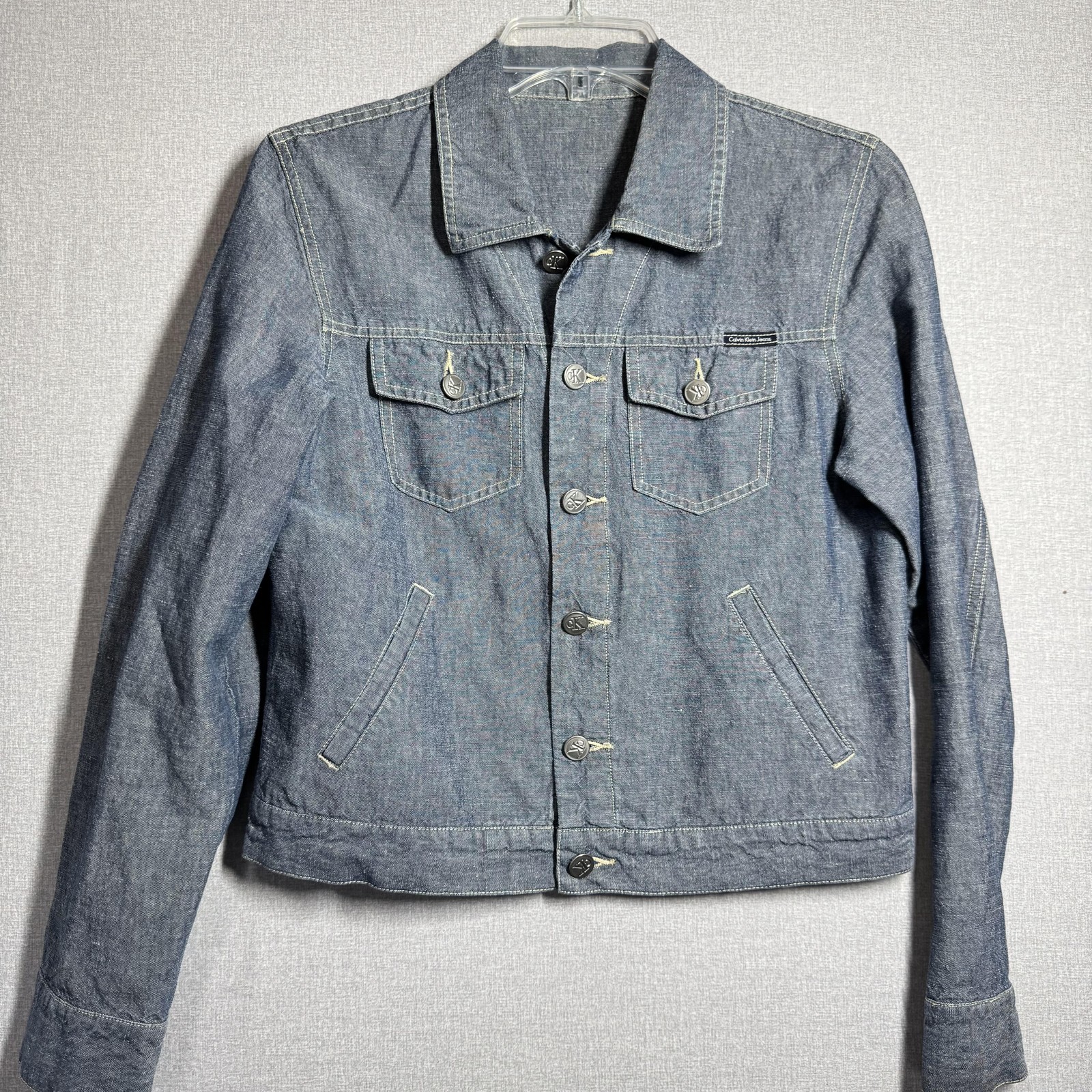 Calvin Klein Jeans Jacket Womens Medium Blue Denim Button Front Trucker Casual