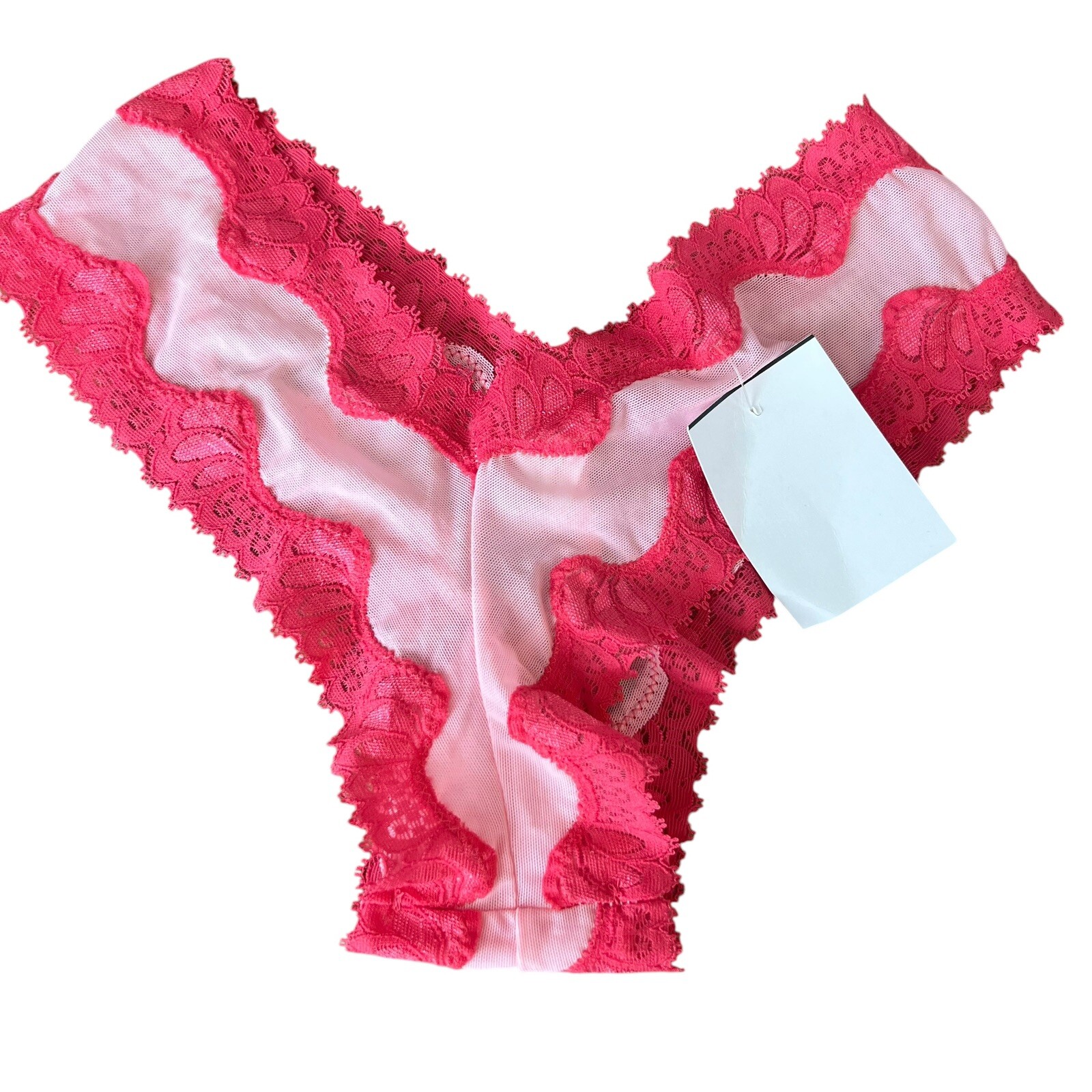 Vintage Panties Small Nylon Ruffled Lace Stretch Pink Sheer High Cut Cheeky Y2K