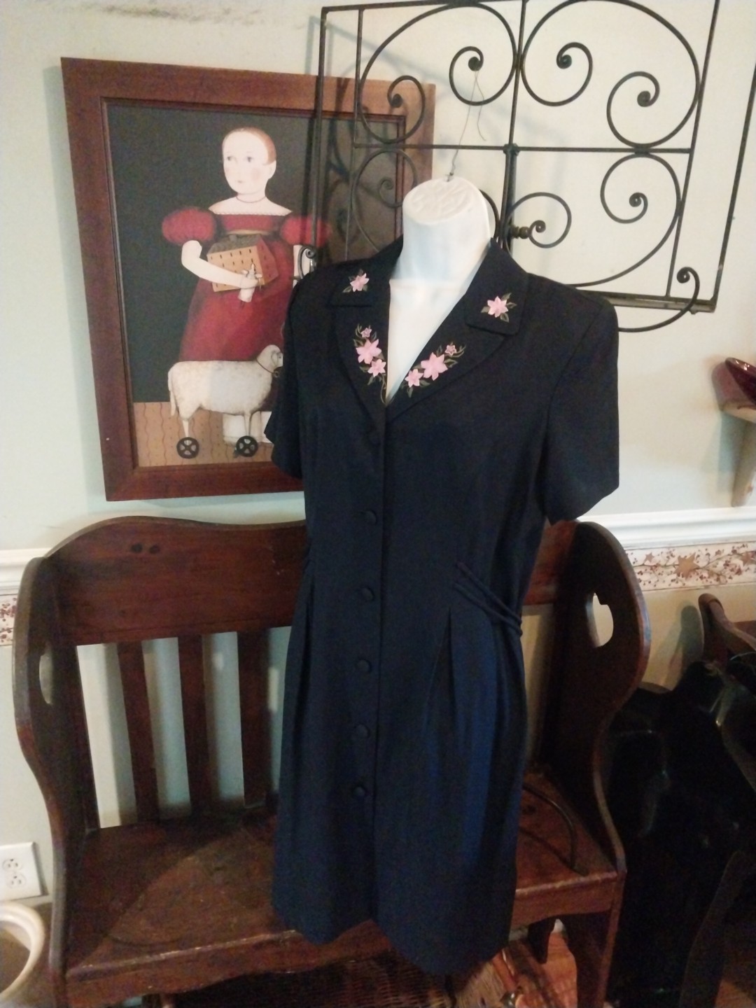 VINTAGE S.L. FASHIONS DRESS EMBROIDERED FLORAL MODEST A-LINE SHORT SLEEVE 12P
