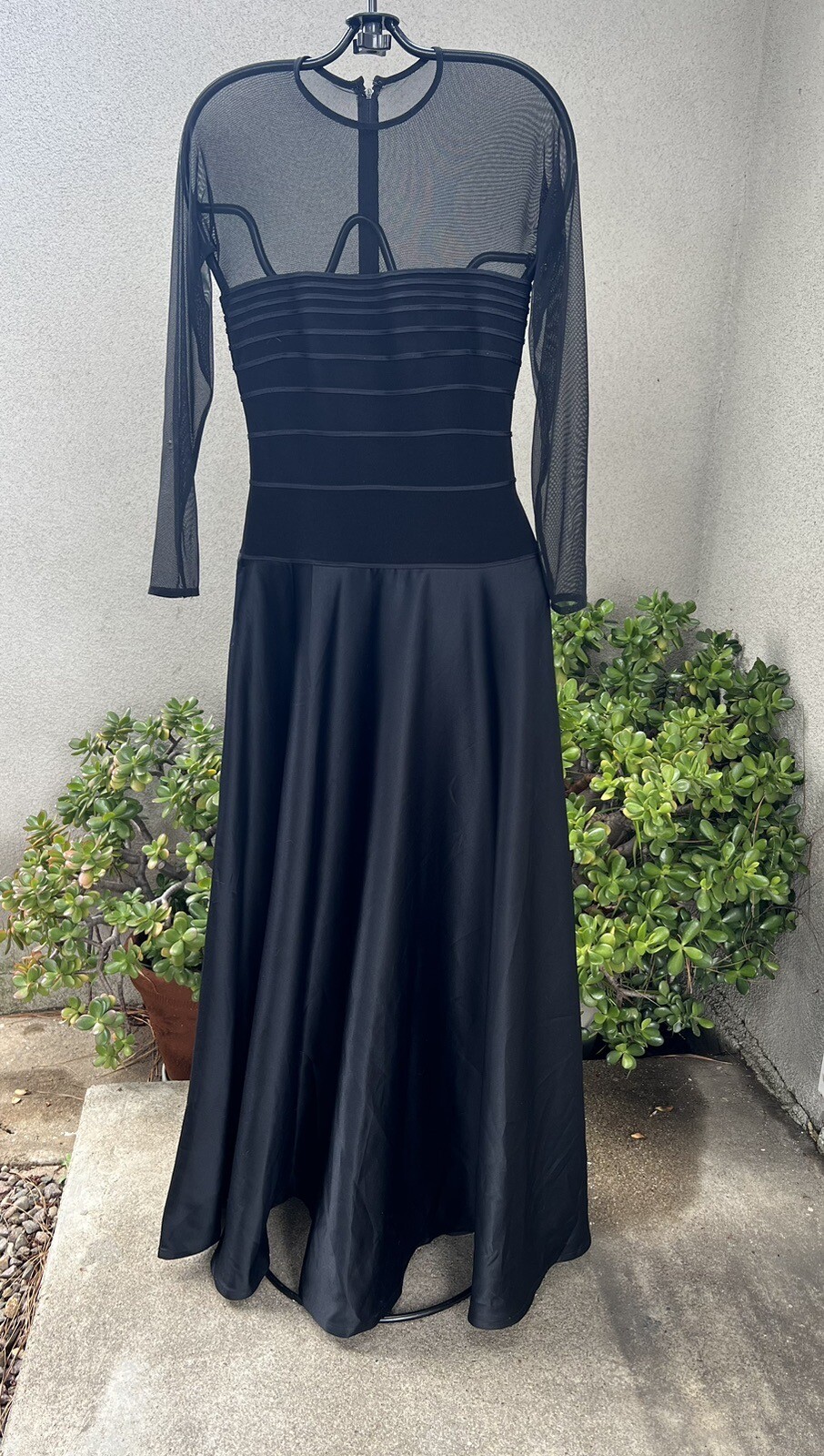 Vtg Dress Black Maxi Evening Sheer Top Ribbed Bodice Satin Skirt XS