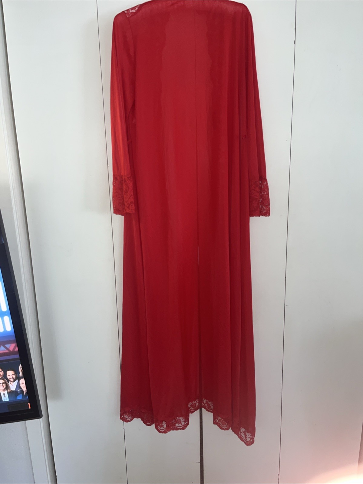 VTG OLGA Red Satin Robe Lace Trim Medium Style 9702 Long Nightgown Peignoir