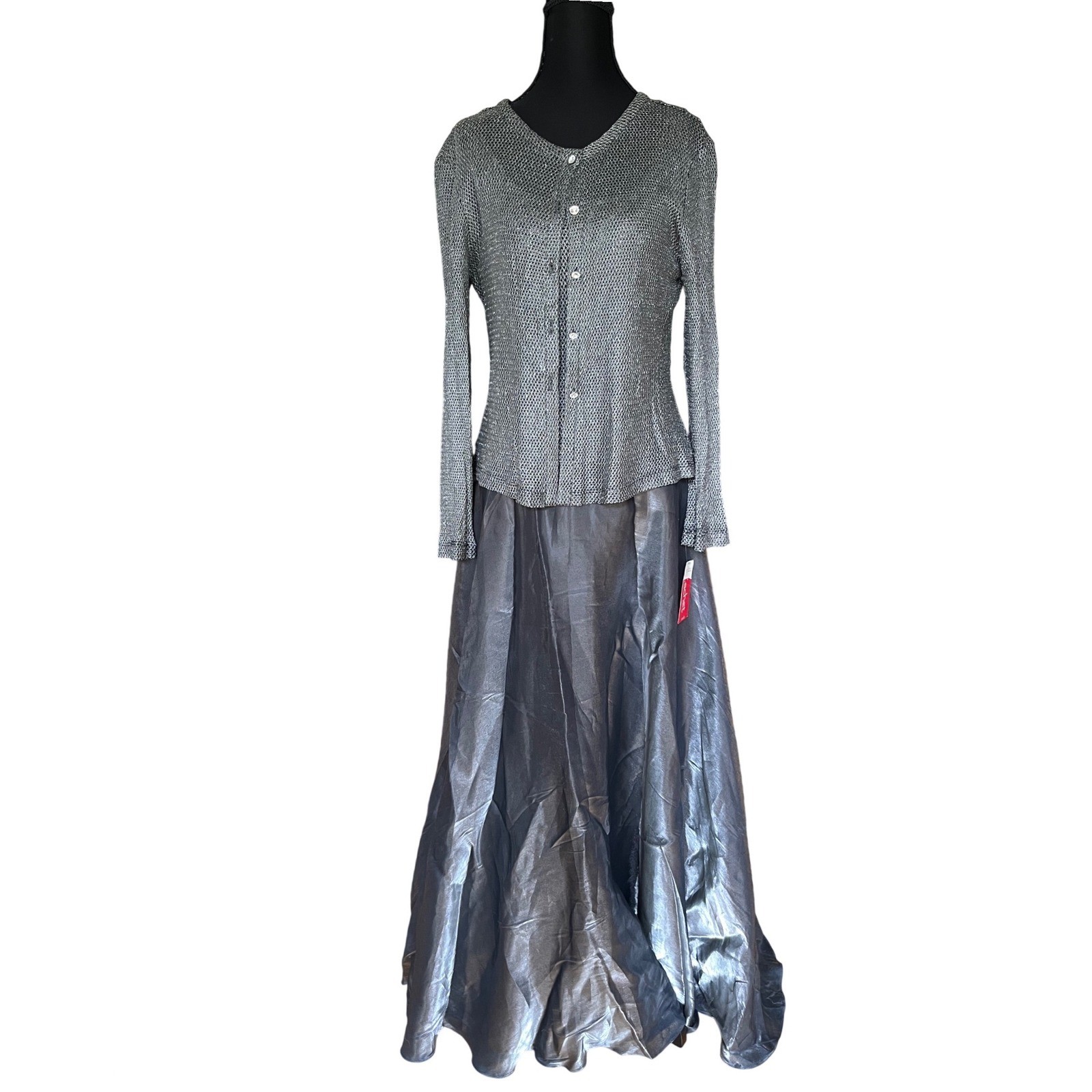 Cachet Vintage 90s Metallic Silver Evening Gown Cardigan 8 Medieval Chainmail