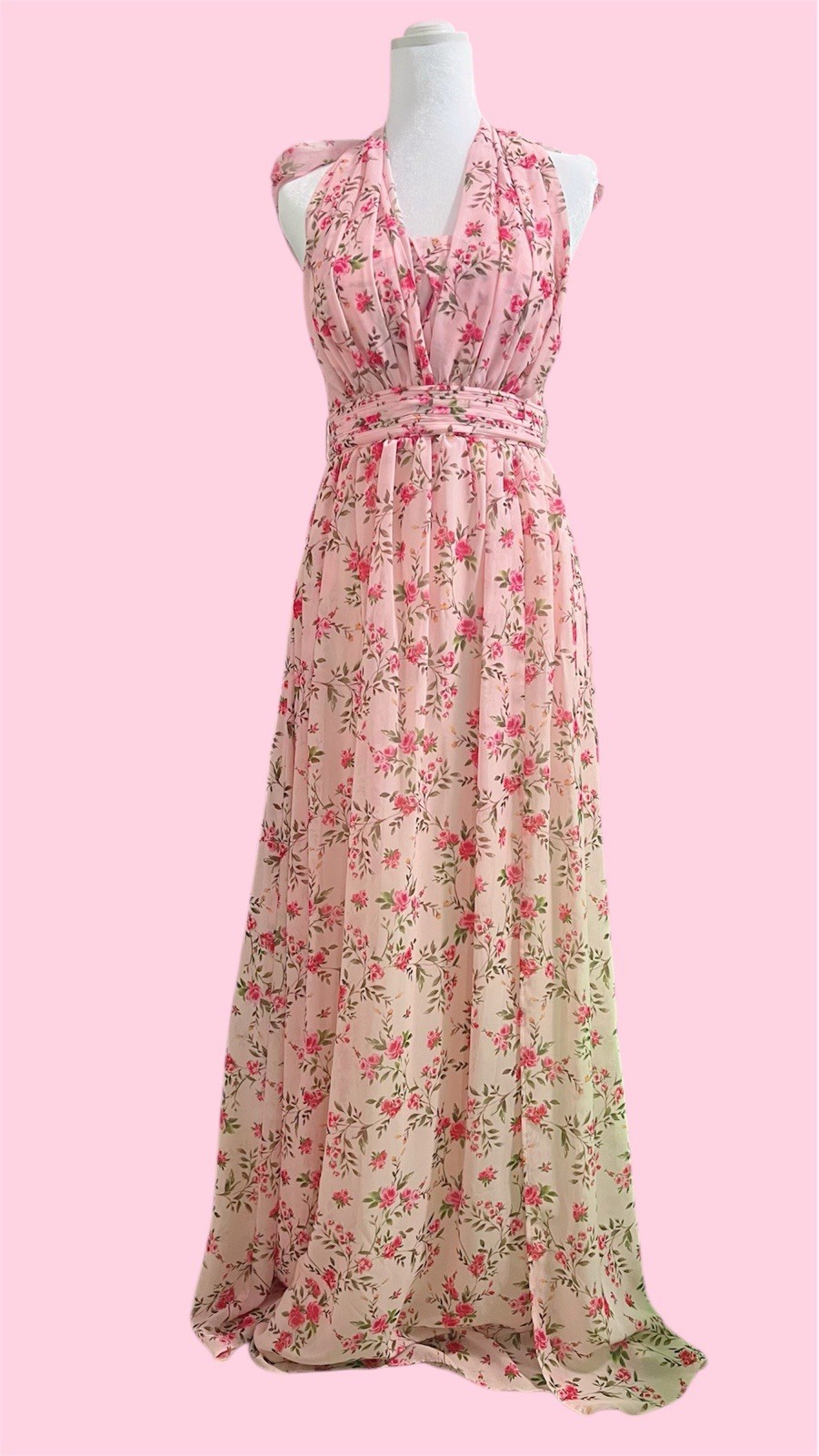 Pink Green White Floral Maxi Dress Party Special Occasion Sleeveless Halter