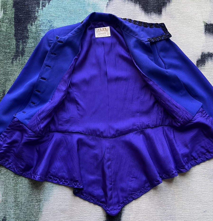VTG 90s Purple Blue Wool Skirt Suit Set Bead Embroidery Peplum Jacket Size XS