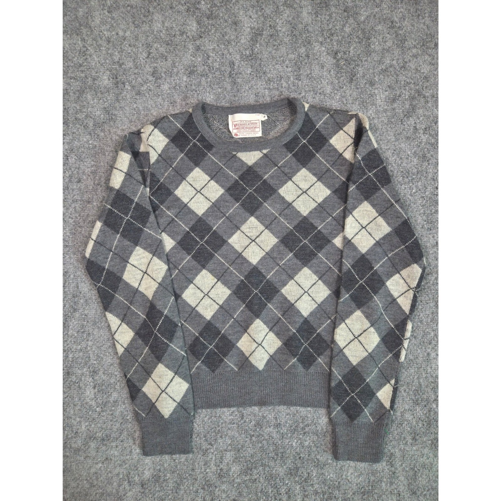 Vintage 70s Pendleton Argyle Sweater Wool Crewneck Gray USA Womens Petite S M