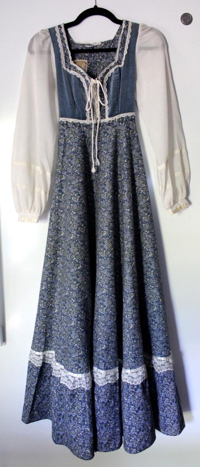 Vtg Gunne Sax Prairie Dress, Morning Glory Velvet Corset, Maxi Gown, XTRA SMALL