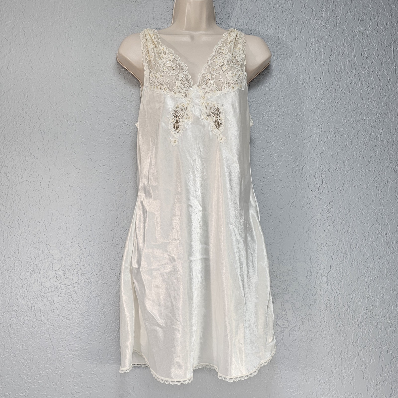 Vintage Val Mode Satin Lace Ivory Peignoir Nightgown Lingerie Robe 2pc Set Sz M