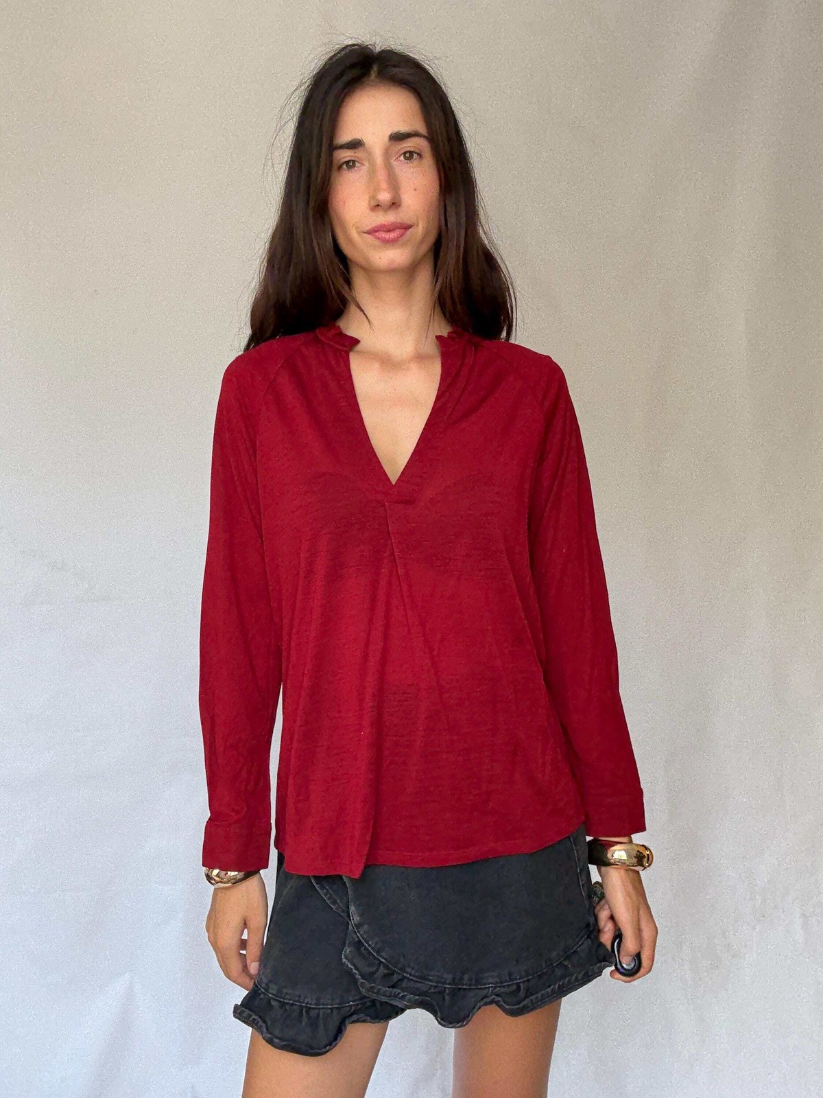 Super soft wool deep red long sleeve top, Red V-neck jumper jersey, Size S