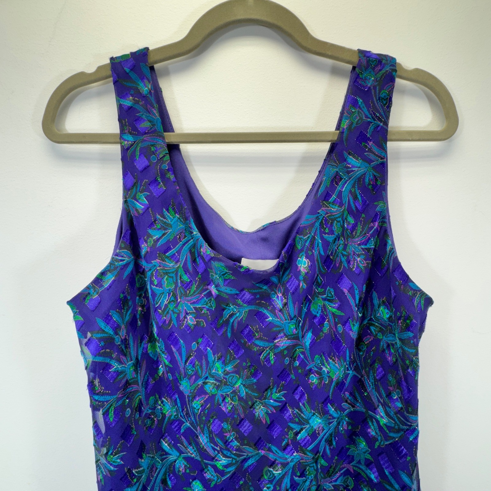 Vintage Patra Petites Sheath Dress Size 16 Purple Floral Sequin Retro 1980s Tank