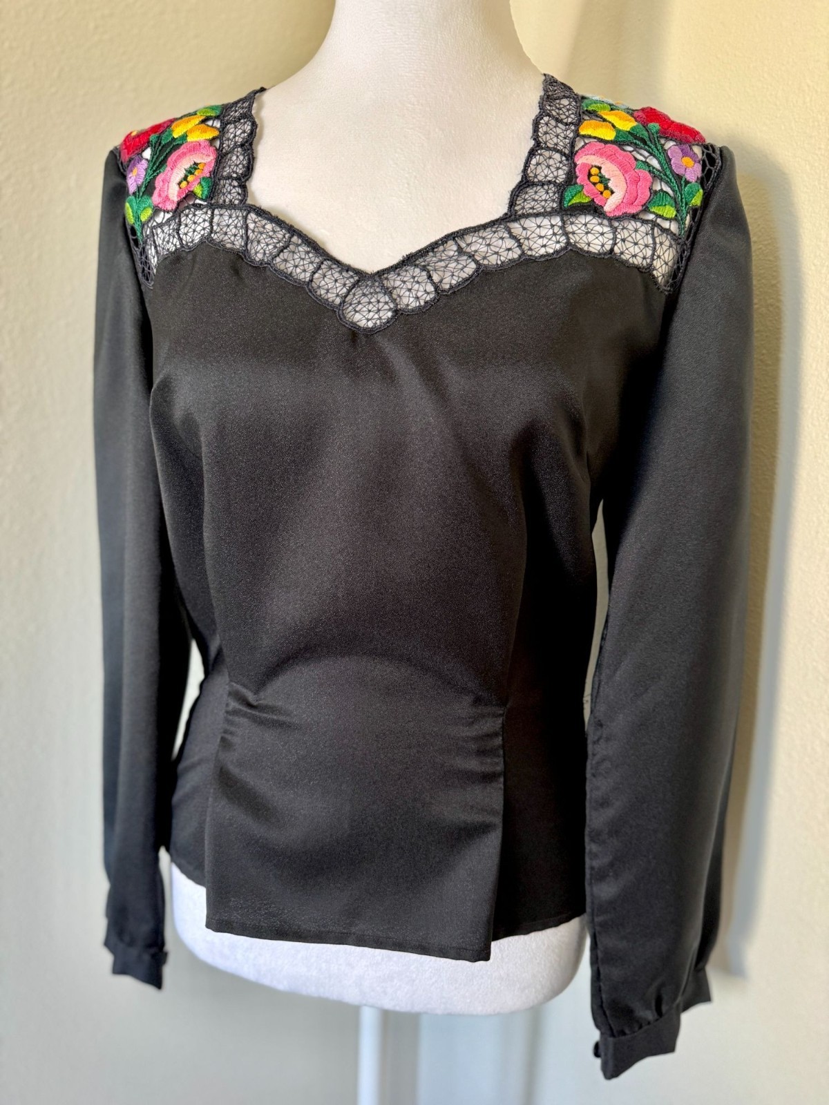 Vintage 1970s Long Sleeve Black Kalocsa Hungarian Folk Blouse With Floral