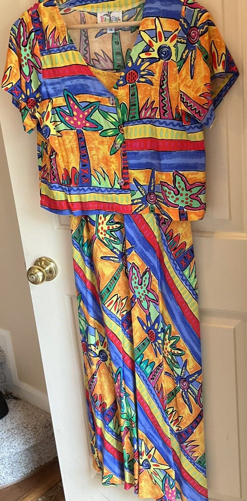 Vintage PalmBay Hawaiian Maxi Sleeveless Dress Size XS Multicolor Geometric 2 Pc