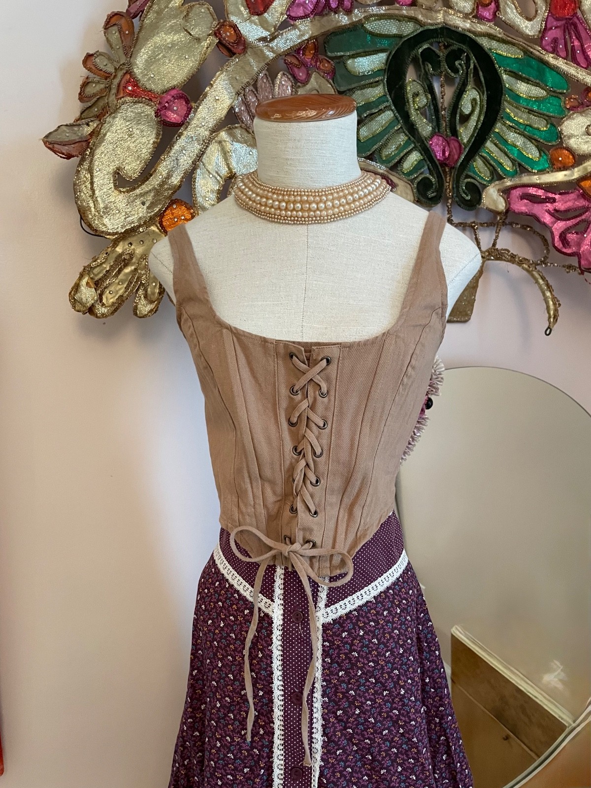 70s Corset Top Full Skirt Ditzy Print Calico Lace Hem S/M Cottagecore Rayon/Poly
