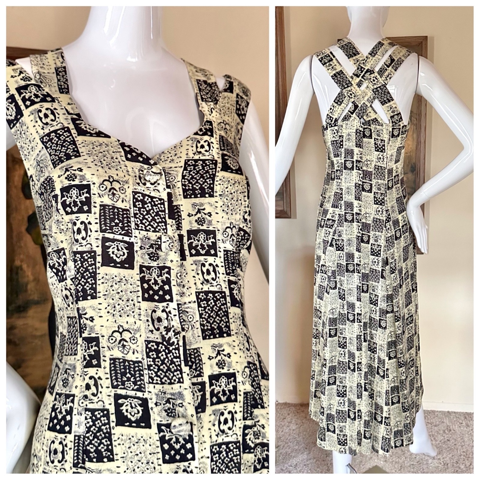 Vtg 90s Cross Strap Cage Back Novelty Print Button Midi Day Dress Grunge Rayon M