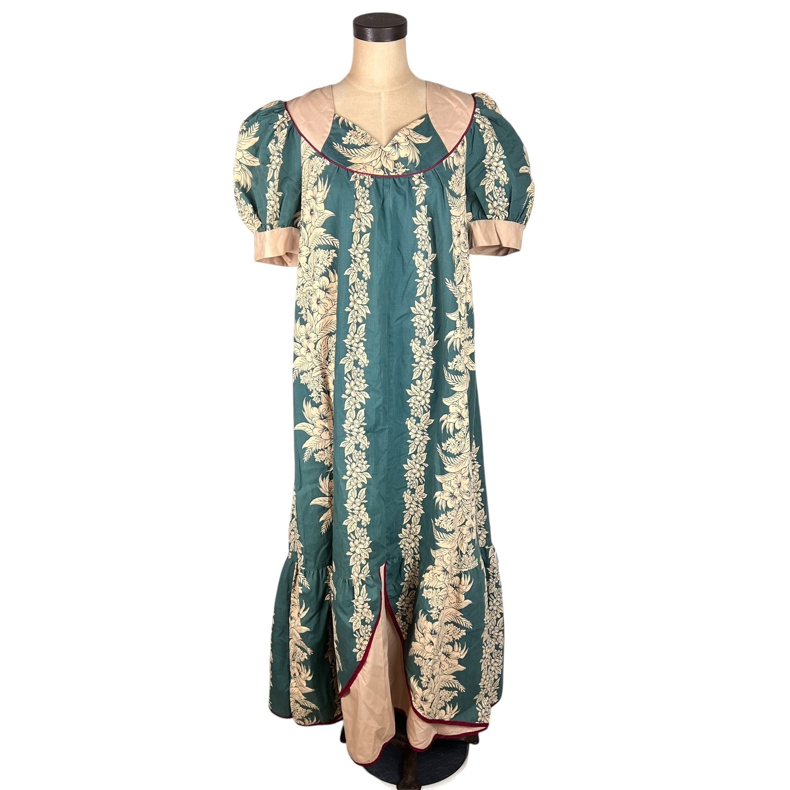 Vintage Carol Bennett Hawaii Muumuu Dress Teal Floral Puff Sleeve Maxi Large