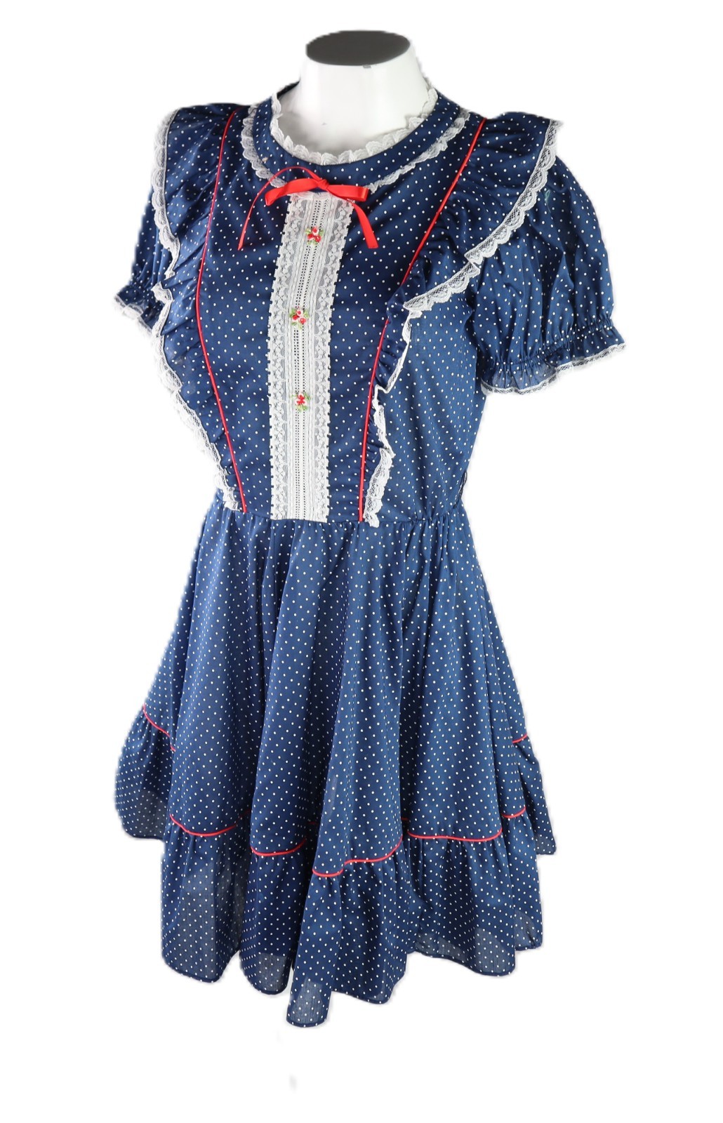 VTG 60s Jeri Bee USA 0 XS Square Dance Prairie Lace Polka Dot Knee Dress Blue
