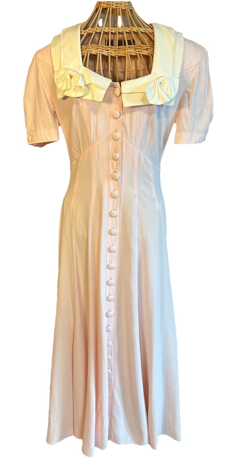Vtg Karen Alexander 8 Pink Sailor Collar Maxi Dress Bows Button up Cottagecore
