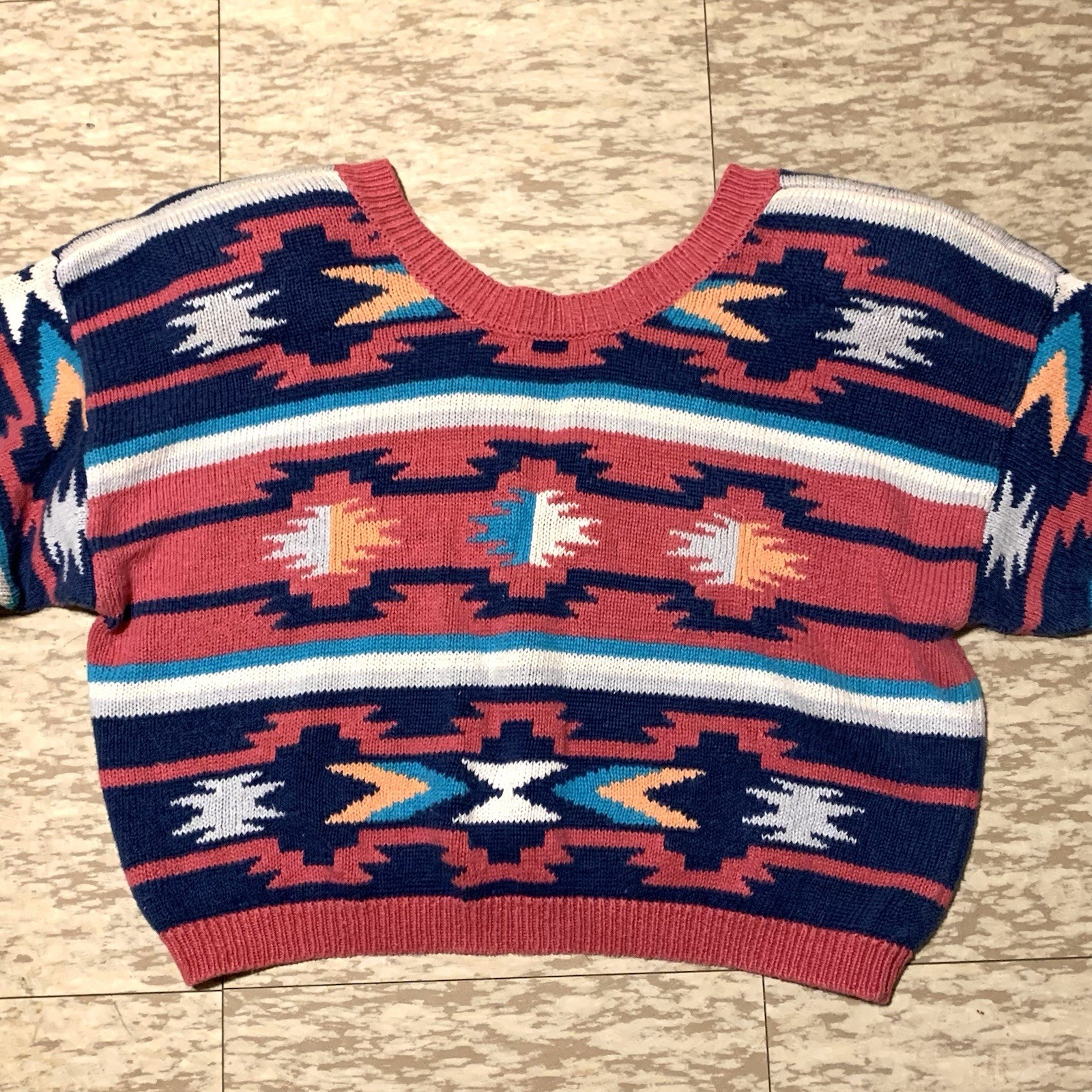 Vintage 80s Nuovo Womens Cropped Sweater Aztec Southwestern Large Ramie/Cotton