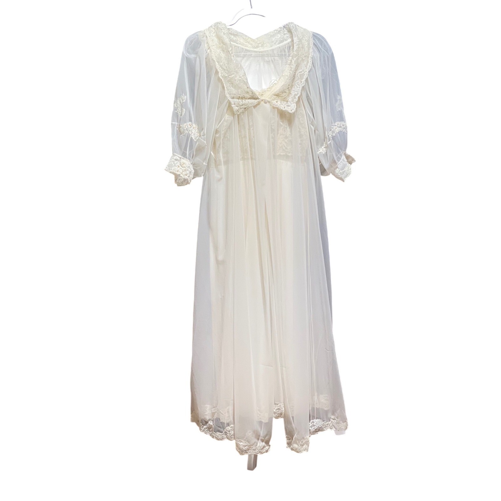 Vintage Ivory Lace Peignoir Set Bridal Nightgown and Sheer Robe Pearl Detail