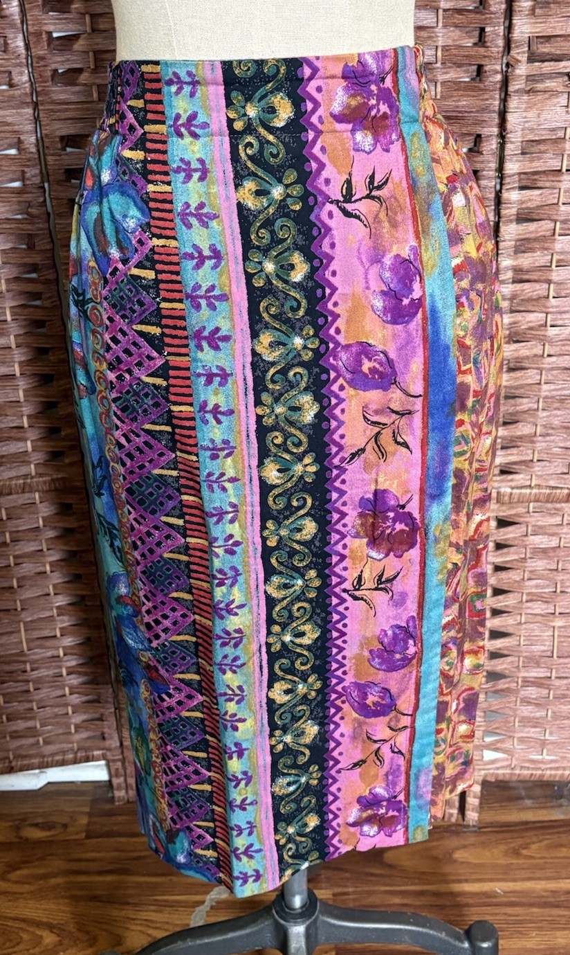 Vintage Aztec Patchwork Southwestern Bohemian Festival Print Midi Skirt Size 12