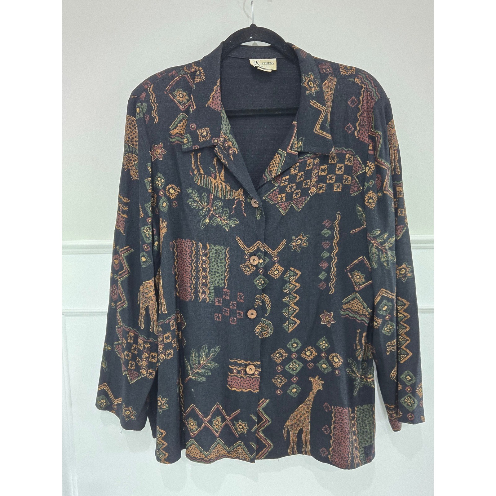 K Studio Vintage 90s Safari Animal Print Button Up Shirt Giraffe Zebra Black 14