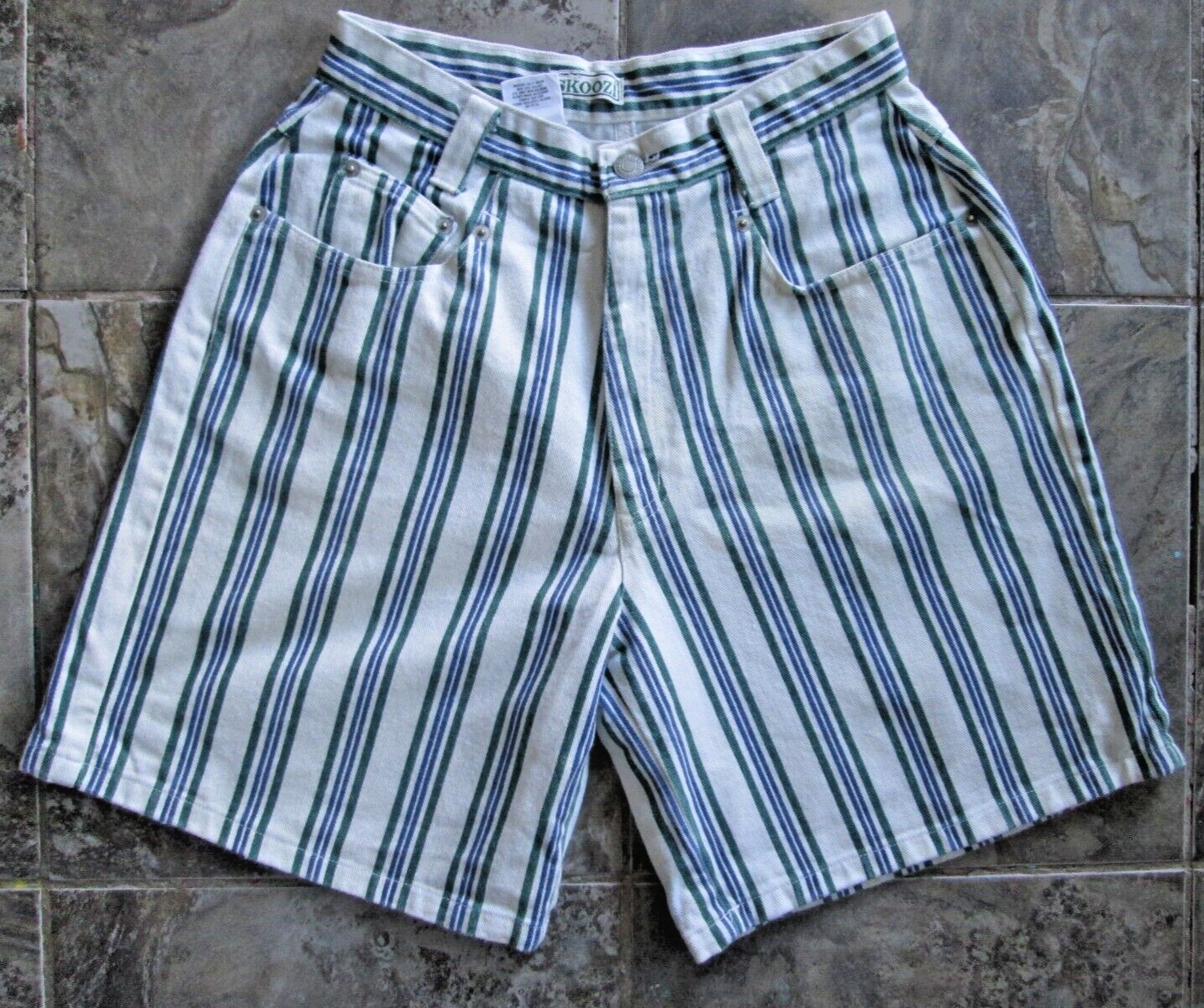 Vintage SKOOZI Women’s Shorts 7 26×7 Blue Green Stripe Denim Cotton High Waist