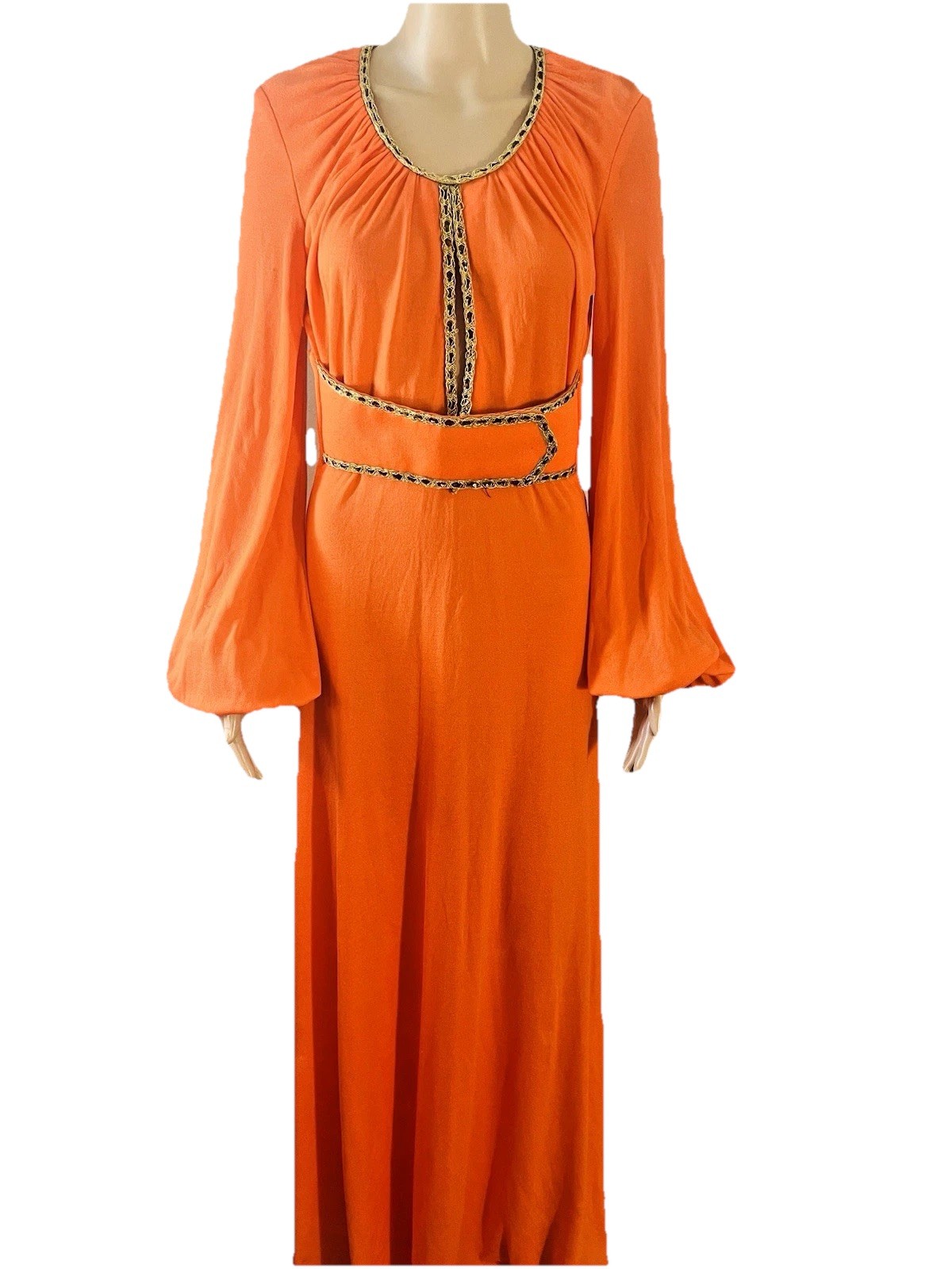 VTG 70s Funky Mod Orange Belted Maxi Dress Sexy Plunging Keyhole Front/Back Med