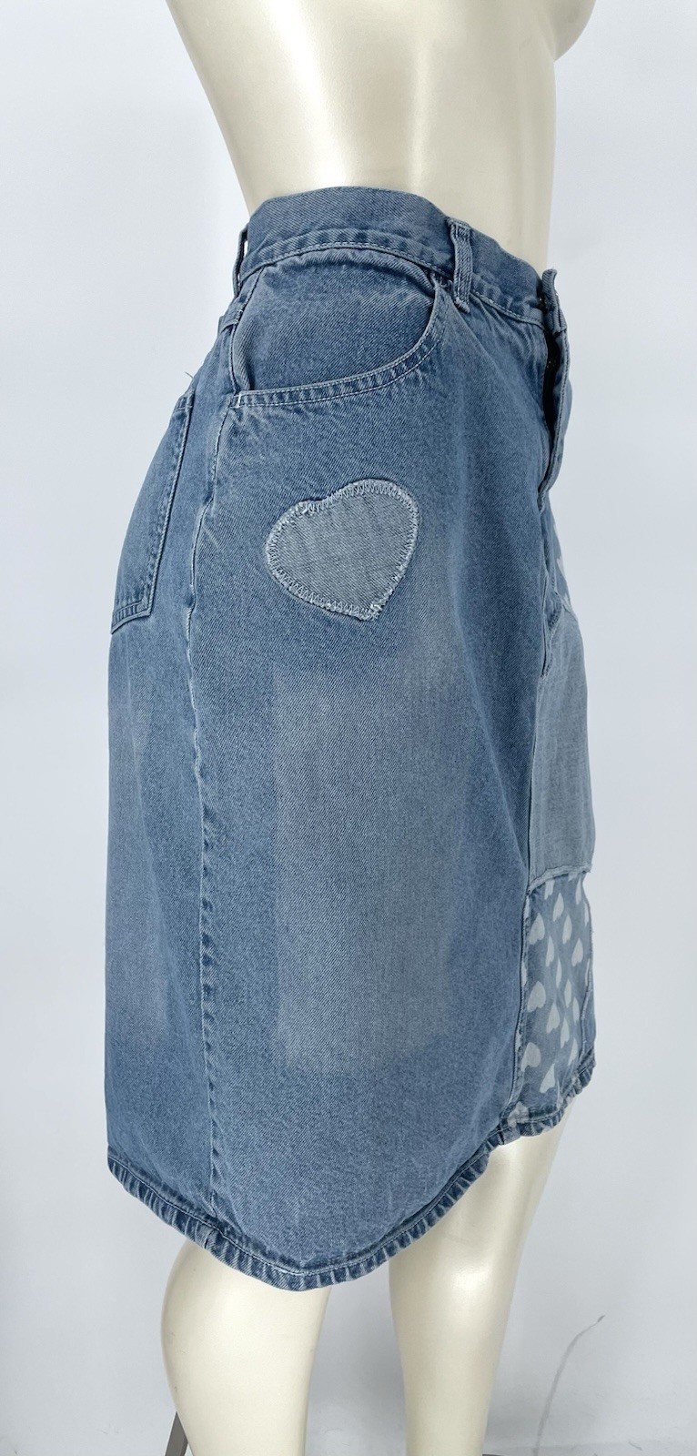 Vintage 1990s 2000s Y2K Patchwork Heart Denim Jean Midi Wiggle Skirt medium