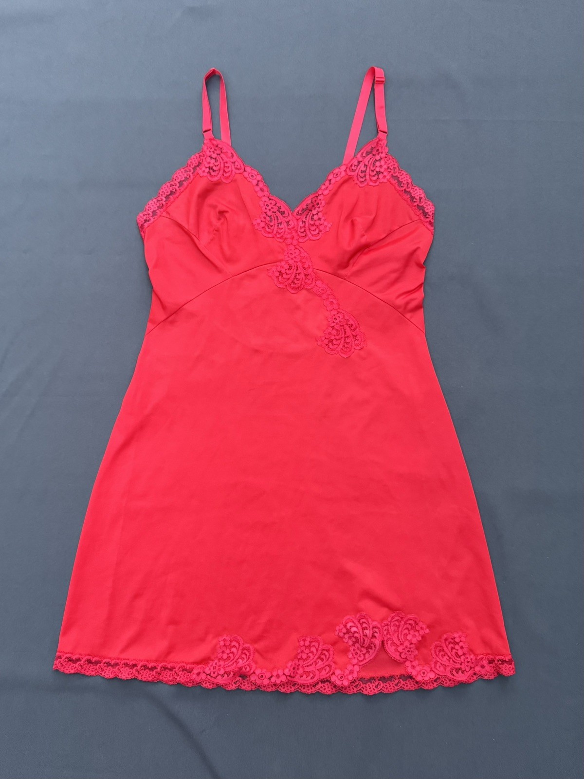 60/70s Sears Vtg Red Nylon Slip Dress Lace Lingerie Boudoir Coquette 36 S/M