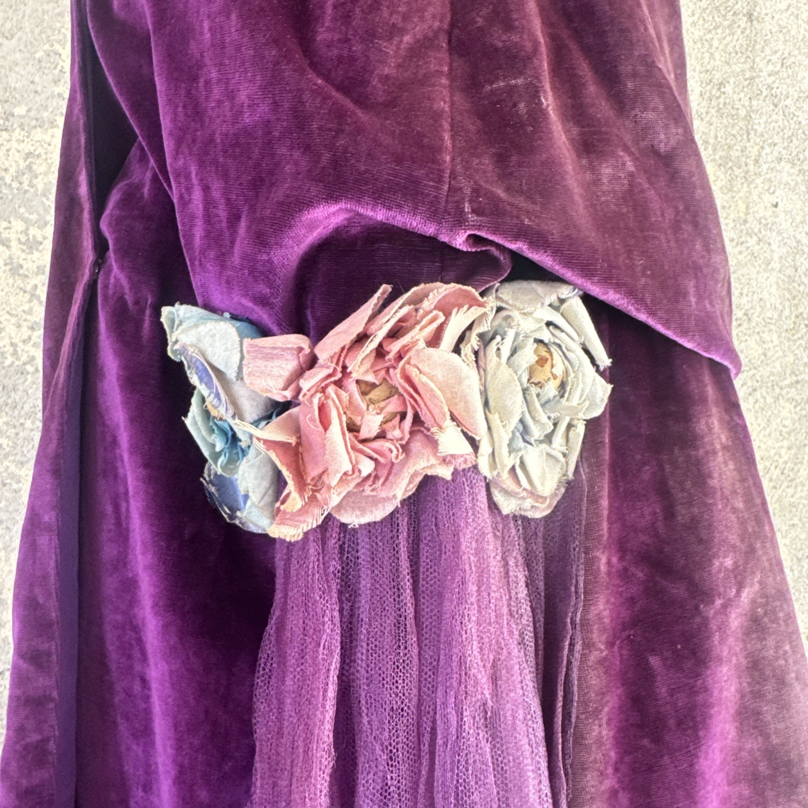 Antique Teens 1920s Purple Silk Velvet Gown Silver Lamé Flowers Dress Vintage