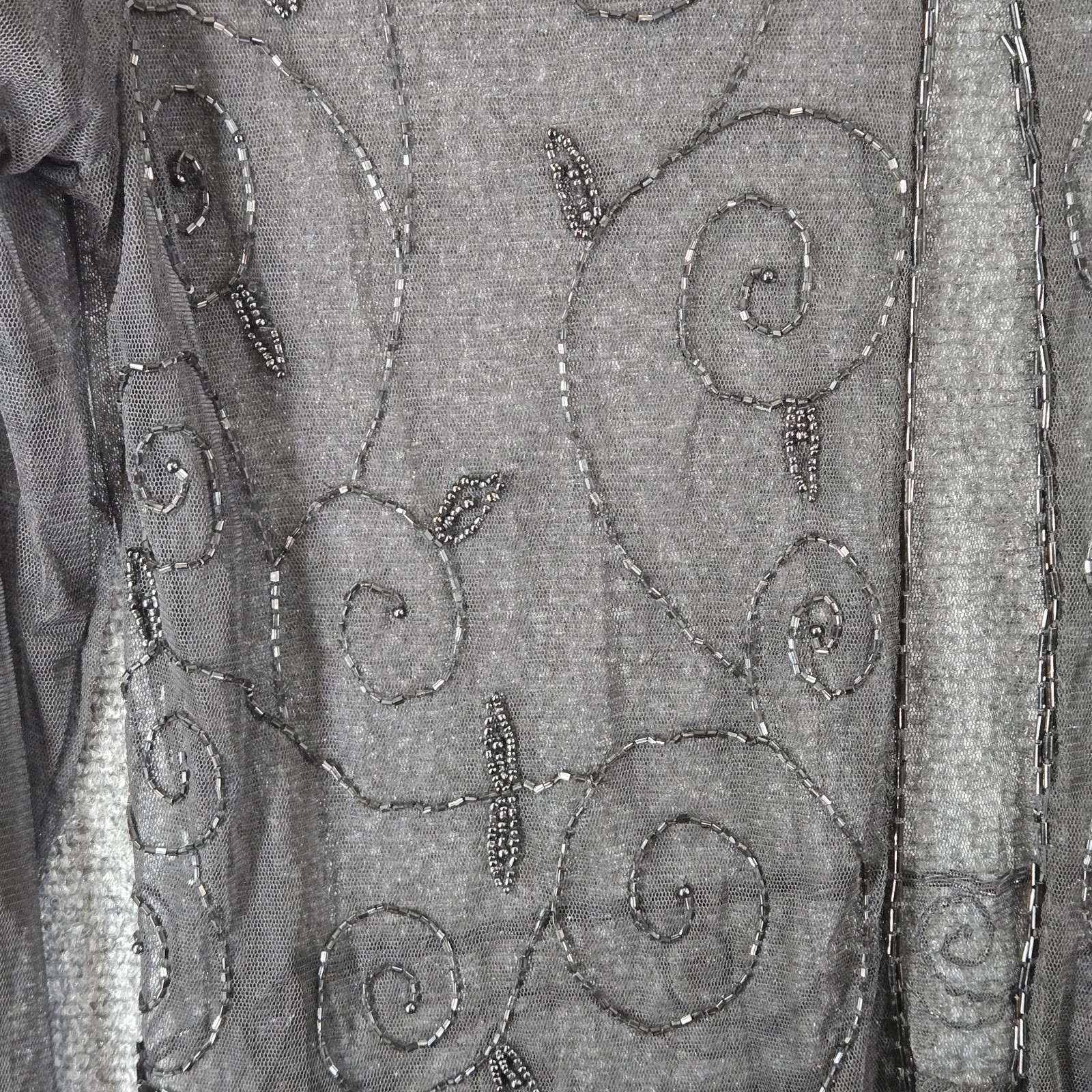 Vtg Sheer Whimsigoth Romantic Gothic Black Beaded Cardigan Cover Up Fringe XL