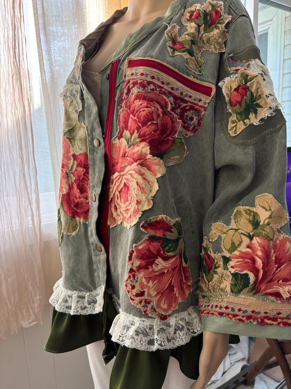 Upcycled Handmade OOAK Floral Jacket with red and pink rose Appliques