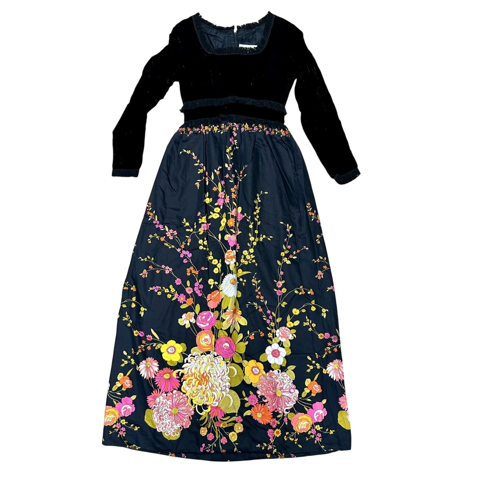 Vtg 60 70’s Futura Couture Black VELVET Floral SATIN Dress Avant Garde MAXI XS