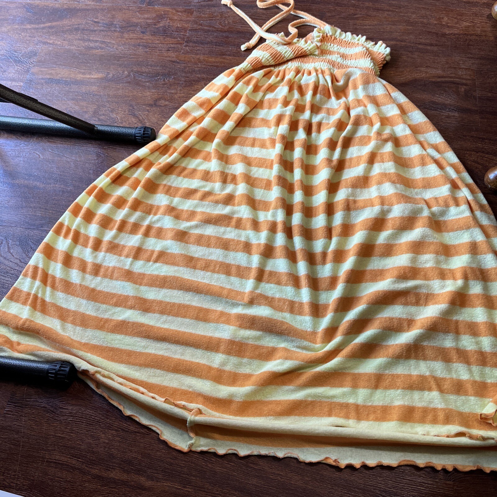 Vtg Orange/Yellow Striped Terrycloth Halter Swim Beach Bath Pool Cover Up Dress