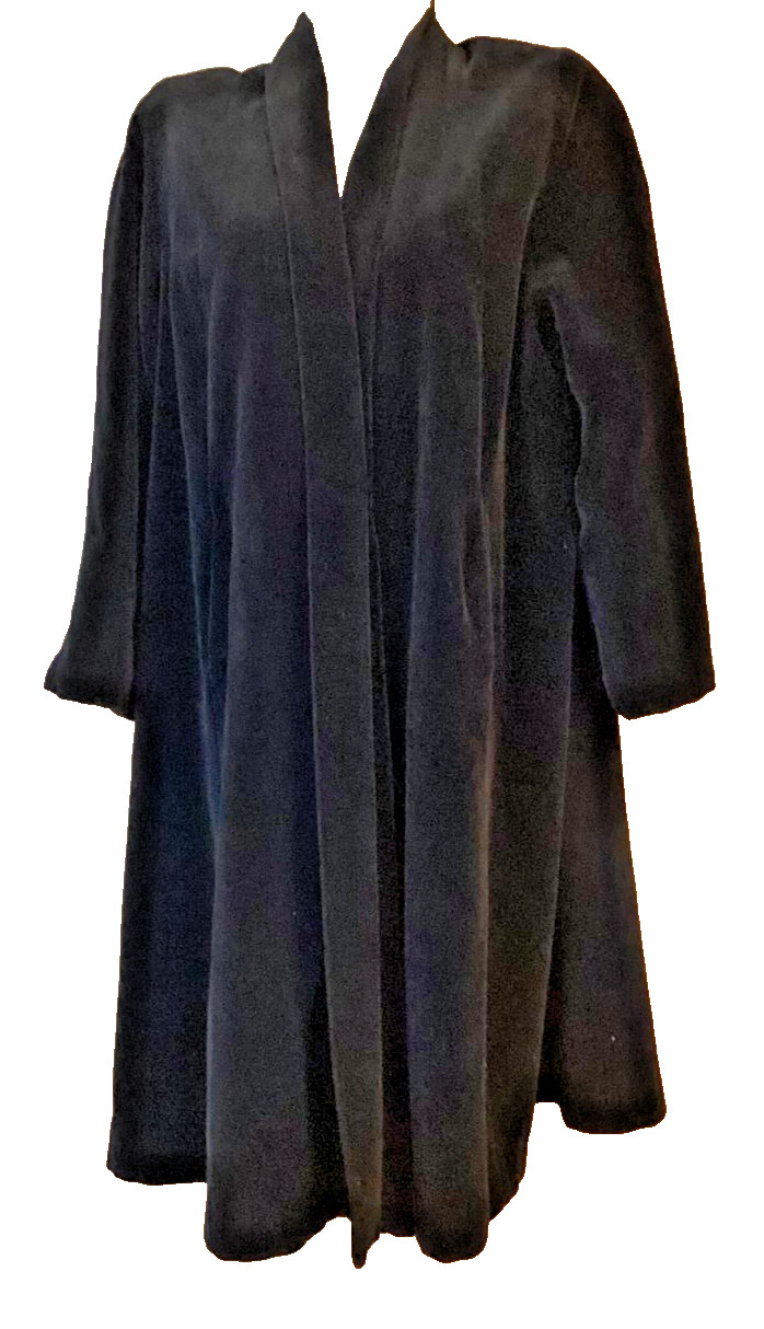 Vintage 1940s Womens Black Heavyweight Full Length Velvet Coat Pockets L FSG