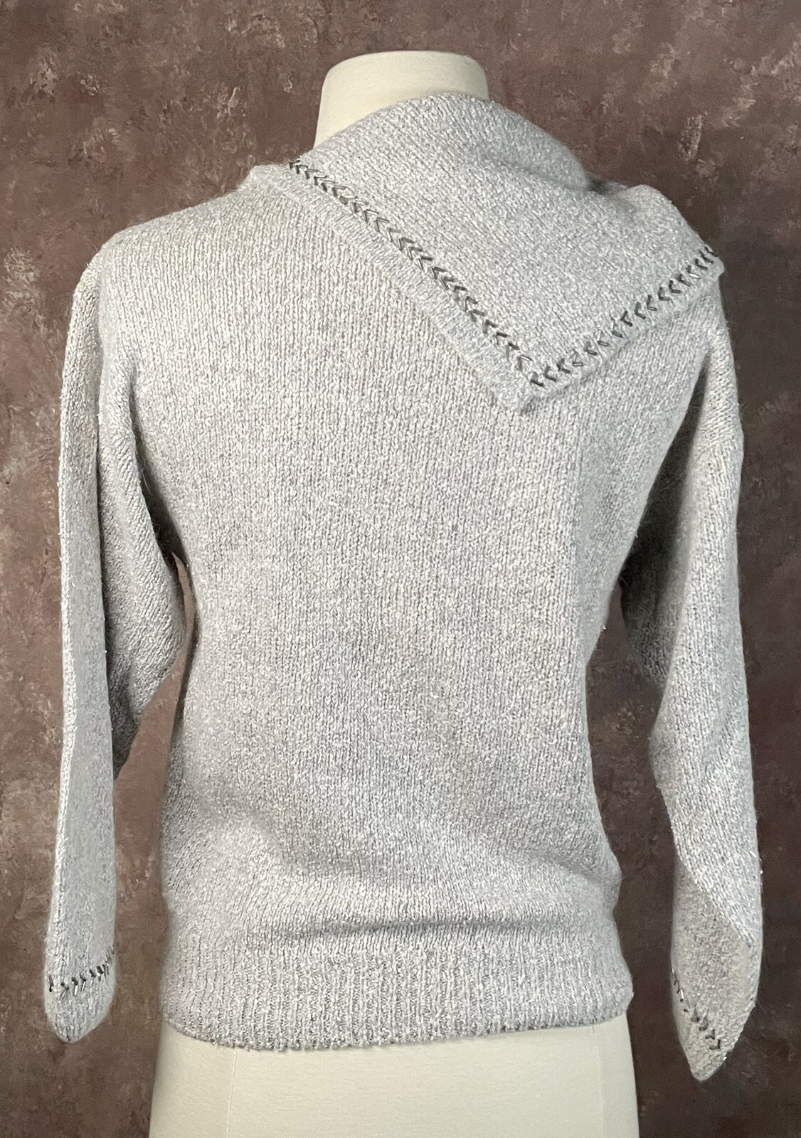 Gray Cristina’s Vintage Split Neck Beaded Pullover Sweater Small/Medium