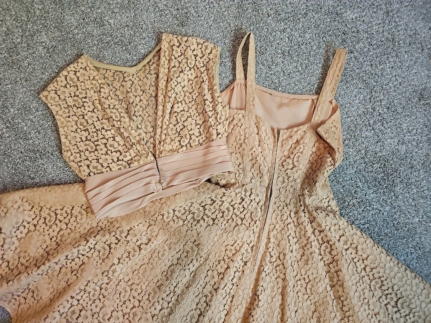 VINTAGE STRAP SWING Dress LACE JACKET Flare Tan Lace Lined Circle Skirt Zipper