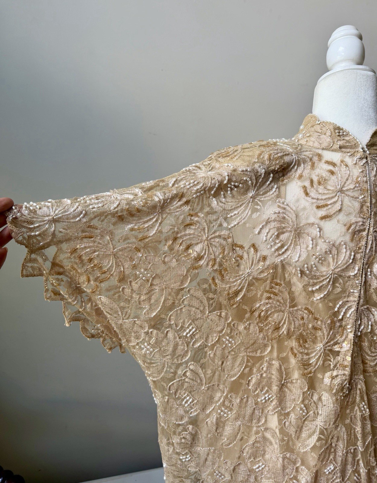 Vtg 80s CHAMPELLYSE Pure Silk Beaded Sequin Lace Tunic Dress M Drop Waist