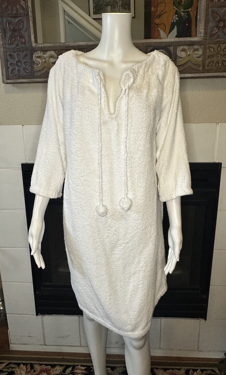 vtg 3/4 sleeve White terry cloth Cover Up Dress Cotton Armpit To Armpit 22