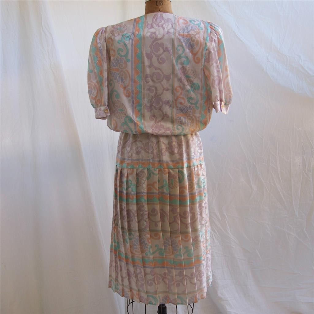 vtg 80s PERCEPTIONS Floral Pleated Skirt Elastic Waist Dress ILGWU Secretary 7/8